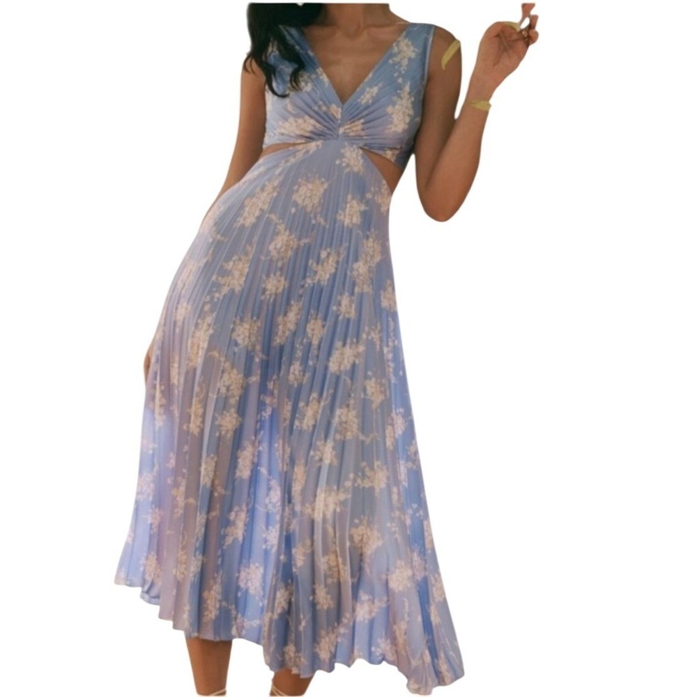 ABERCROMBIE & FITCH Giselle Pleated Cutout Maxi Dress Sz M Blue Floral Fairycore - Picture 16 of 16